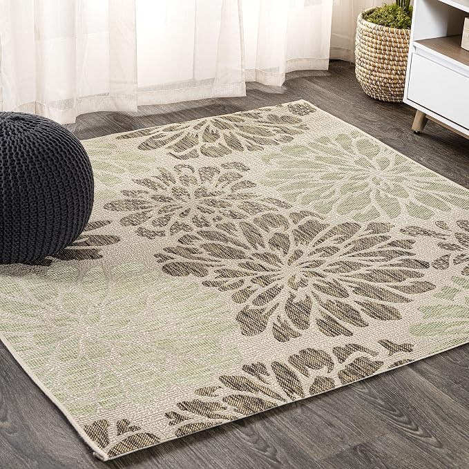 JONATHAN Y Floral Textured Weave Indoor Outdoor Square Area Rug 6X6 Sage/Brown, Zinnia Modern for Backyard, Patio, Porch, Easy-Cleaning, High Traffic, Pet-Friendly, Non-Shedding (SMB110A-6SQ)