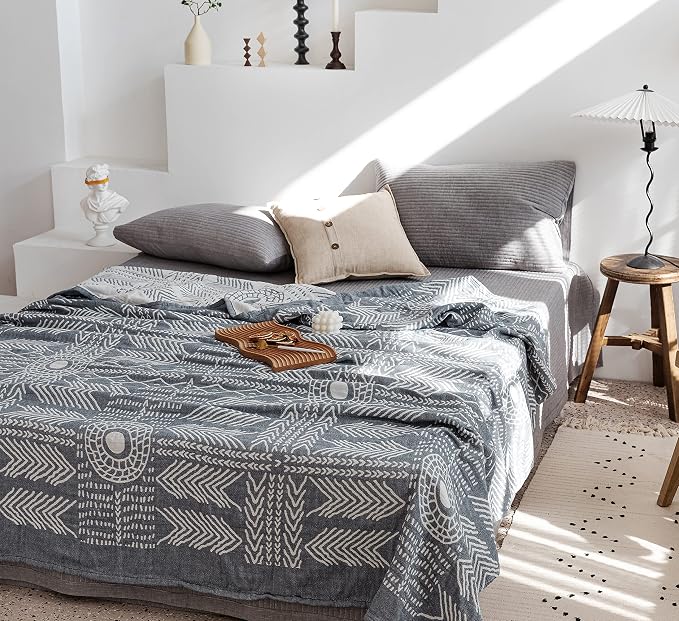 MEJU Indian Bohemia Muslin Summer Boho Blanket Throw for Bed Sofa Couch, 100% Combed Cotton 3 Layer Soft Warm Quick Dry Throw Blanket Bed Coverlet (Boho, F/Q 80 in X 90 in