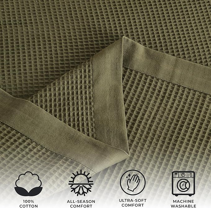 Great Bay Home 100% Cotton Blanket for Full/Queen Size Bed | Lightweight and Breathable Waffle Weave Blankets for Summer & Spring | Versatile, Layering Dark Green Bed Blanket, Olive, 90x90 inches