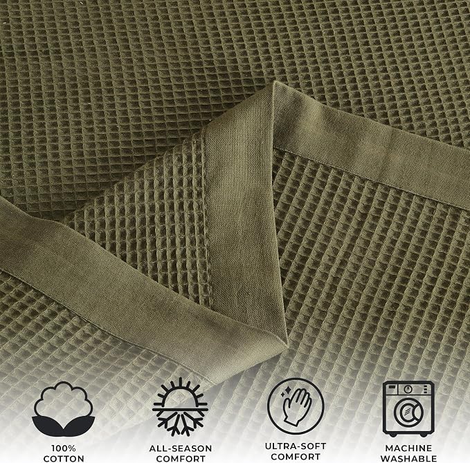 Great Bay Home 100% Cotton Blanket for Twin Size Bed | Lightweight and Breathable Waffle Weave Blankets for Summer & Spring | Versatile, Layering Dark Green Bed Blanket, Olive, 90x66 inches