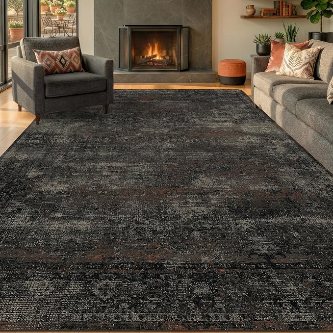 TALANOVA Modern Farmhouse Black 6x9 Area Rug for Living Room & Dining Room, Abstract Washable Non Slip Low Pile Rug for Bedroom & Office, Dark Charcoal Stain Resistant Décor