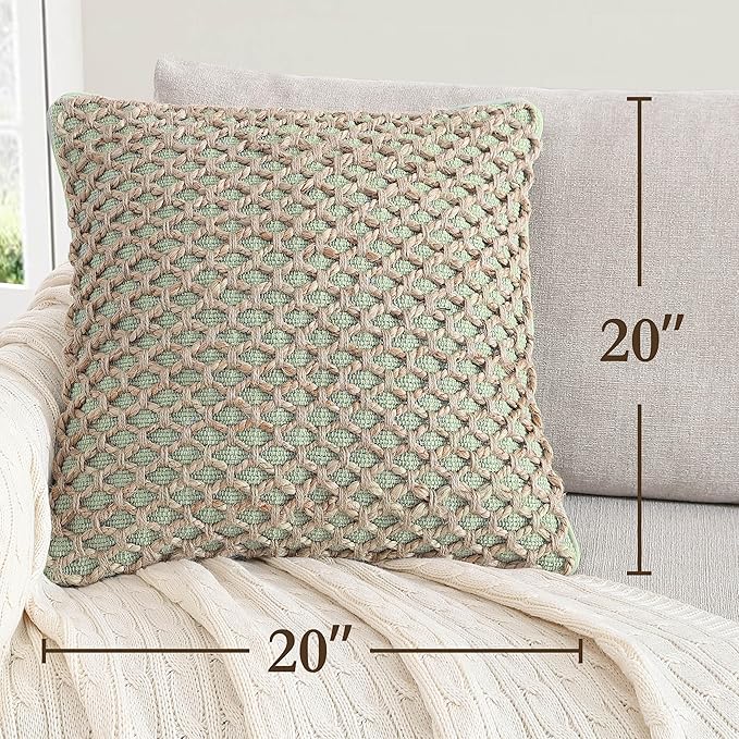Boho Living Jada 2 Pc Decorative Throw Pillow Covers, Pillow Insert not Included, Premium Woven Design, Living Room Décor, (2) 20" x 20", Sage Green