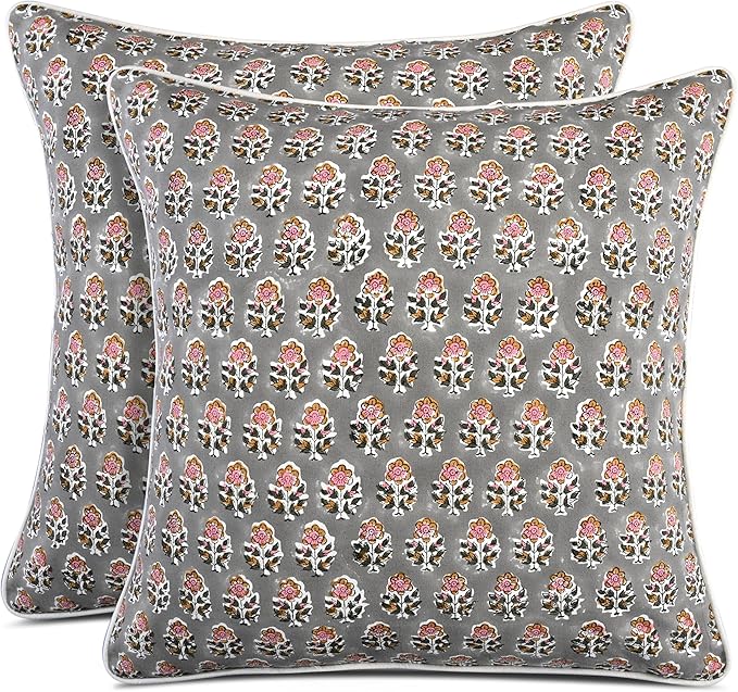 CPC 100% Cotton Throw Pillow Covers 24x24 Inch, Set of 2 Gray Block Print Pattern Couch Pillow, Cute Boho Decorative Pillows for Living Room, Bedroom with Hidden Zipper- Labra Gray