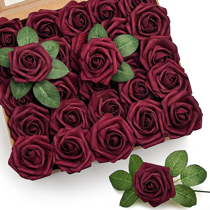 Mocoosy 50Pcs Burgundy Roses Artificial Flowers, Burgundy Fake Rose for Decoration, Real Touch Foam Rose Bulk with Stem DIY Wedding Bouquet Bridal Shower Mother's Day Floral Arrangement Party Decor