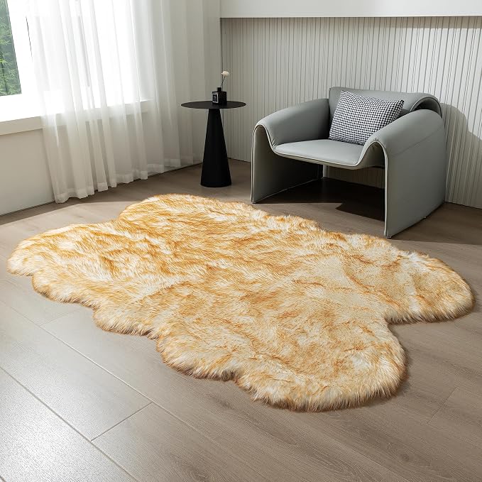 Faux Fur Rug White Yellow Fluffy Sheepskin Area Rug,Ultra Soft Shaggy Plush Rug Bedroom Living Room Sofa Floor Kids Room Bedside（4 x 6 ft Sheepskin）
