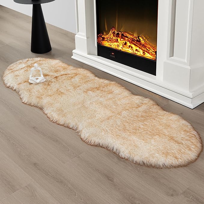 Faux Fur Sheepskin Runner Rug White Yellow 2x6 ft Ultra Soft Shaggy Plush Fluffy Fuzzy Area Carpet Decorative Chair Cover Floor Mat for Bedroom Sofa Living Room Bedside