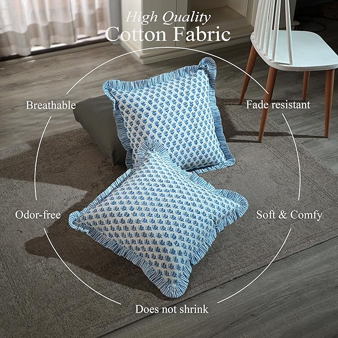CPC Block Print Ruffle Throw Cover Apatite Blue 18"x18" Inch Pack of 2-100% Cotton Ruffle Couch Decorative Boho Pillows Case for Living Room, Bedroom, Sofa, Farmhouse Gift for Spring, Mother's Day