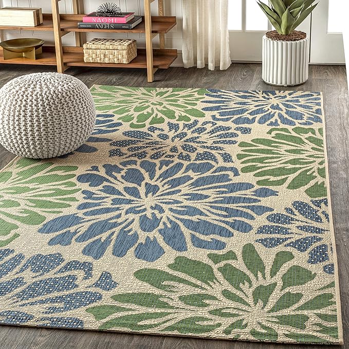 JONATHAN Y Floral Textured Weave Indoor Outdoor Area Rug 8X10 Navy/Green, Zinnia Modern for Backyard, Patio, Porch, Easy-Cleaning, High Traffic, Pet-Friendly, Non-Shedding (SMB110B-8)