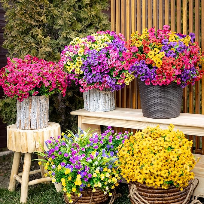 AXYLEX Artificial Flowers Outdoor Fake Plants - 16 Bundles UV Resistant No Fade Faux Shrubs Plastic Greenery Home Garden Porch Patio Decoration (1, Multi02-16pcs)