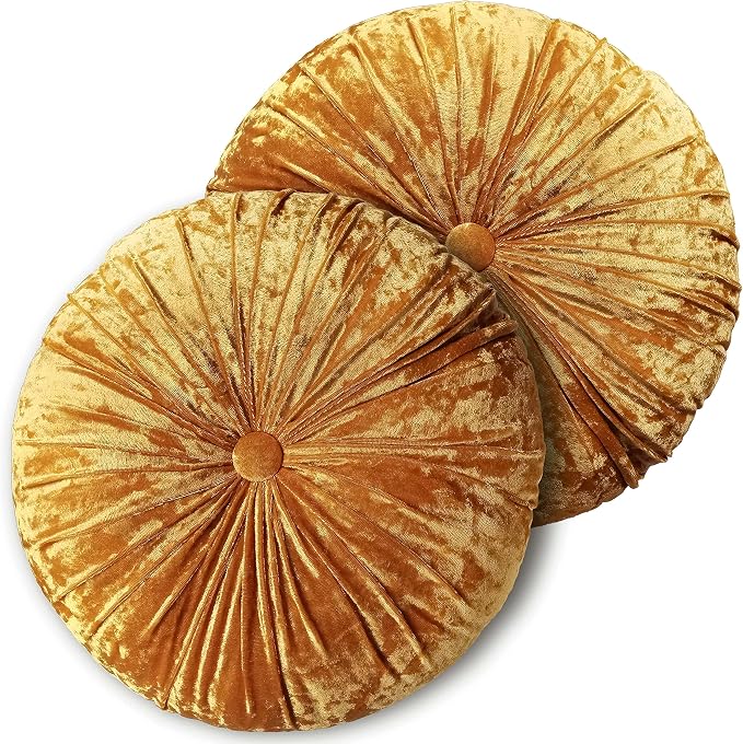 Verpert Pack 2：Round Floor Cushions Pillow, Solid Color Velvet Meditation Cushion Pumpkin Pleated Meditation Pillow for Home Sofa Bed Car Decor Floor Pillow Cushion Gold