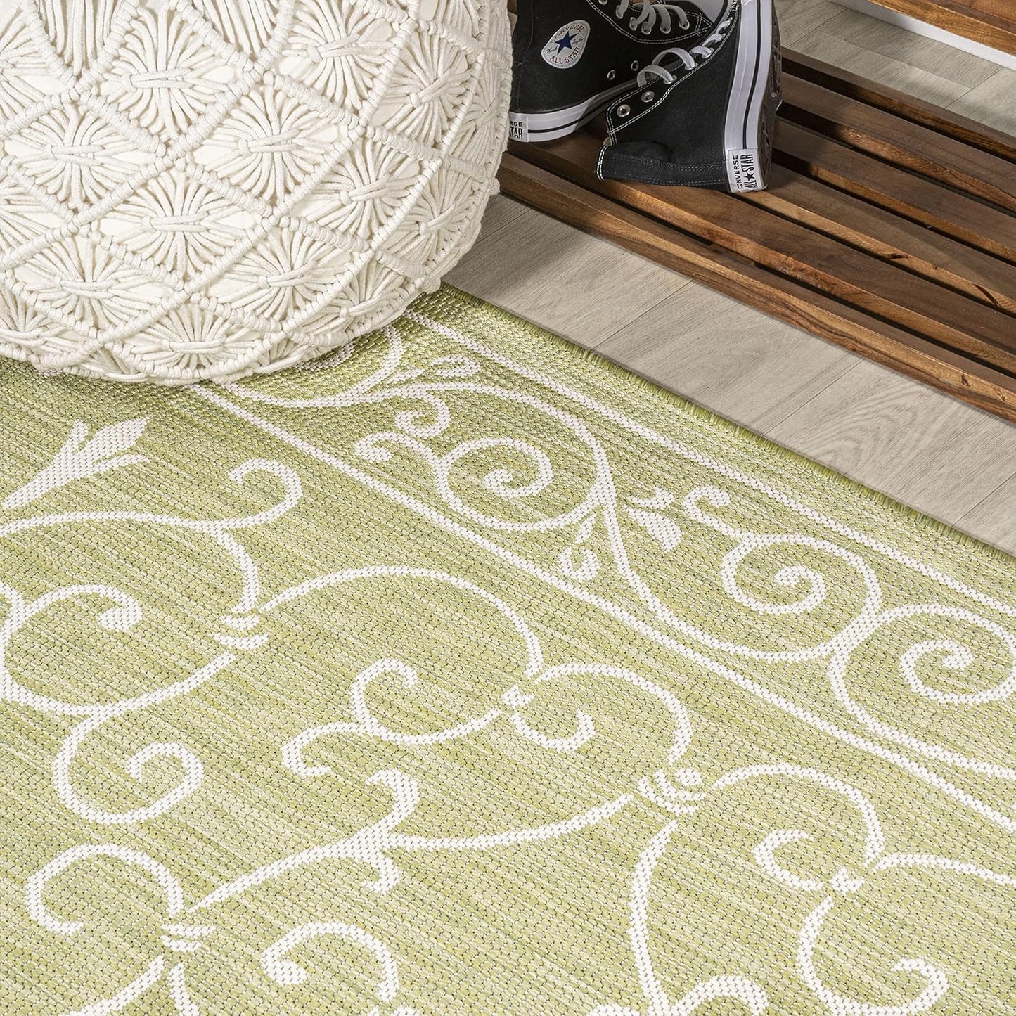 JONATHAN Y Vintage Filigree Indoor Outdoor Runner Rug 2X10 Green/Cream, Charleston Textured Weave for Backyard, Patio, Porch, Easy-Cleaning, High Traffic, Pet-Friendly, Non-Shedding (SMB106H-210)