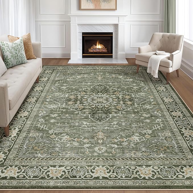 7x10 Area Rug Living Room: Washable Boho Large Neutral Vintage Soft Rugs Stain Resistant Farmhouse Non Slip Indoor Floor Carpet for Bedroom Nursery Kids Playroom Office Dining Room Home- Dark Green