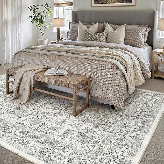 PureCozy Black Area Rug 10x12 Machine Washable Large Vintage Living Room Distressed Non Slip Carpet Traditional Indoor Bedroom Grey Retro Floral Accent Throw Rug for Office Kitchen Dining Room