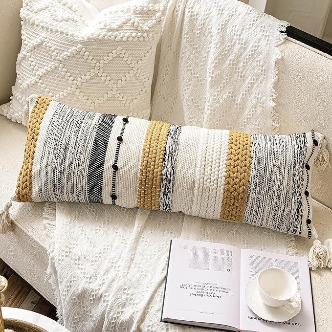 BlissBlush Decorative Lumbar Throw Pillow Cover 14x36 Boho Long Cushion for Bed Yellow Mustard Accent Farmhouse Pillowcase for Bedroom Living Room Couch Sofa Home Décor Cover ONLY