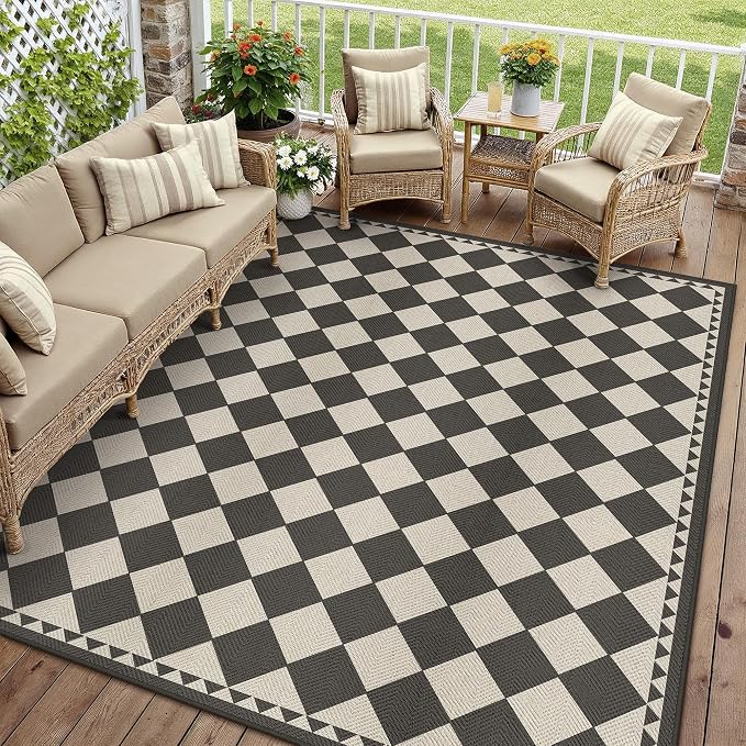 HUGEAR 9x12 Outdoor Rug Black/Beige Linen-Look Fabric Checkered Area Rug High Traffic Stain Resistant Easy Clean Durable Rugs for Indoor/Outdoor Patio Deck Balcony Porch Garden Courtyard