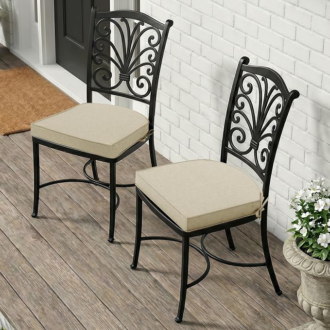 Outdoor Chair Cushions, Fade-Resistant & Water-Resistant, D Shaped Patio Furniture Seat Chair Pads Replacement with Ties, Non-Slip Bottom, Removable Cover, Set of 2, 18.5 x 16 Inch, Beige