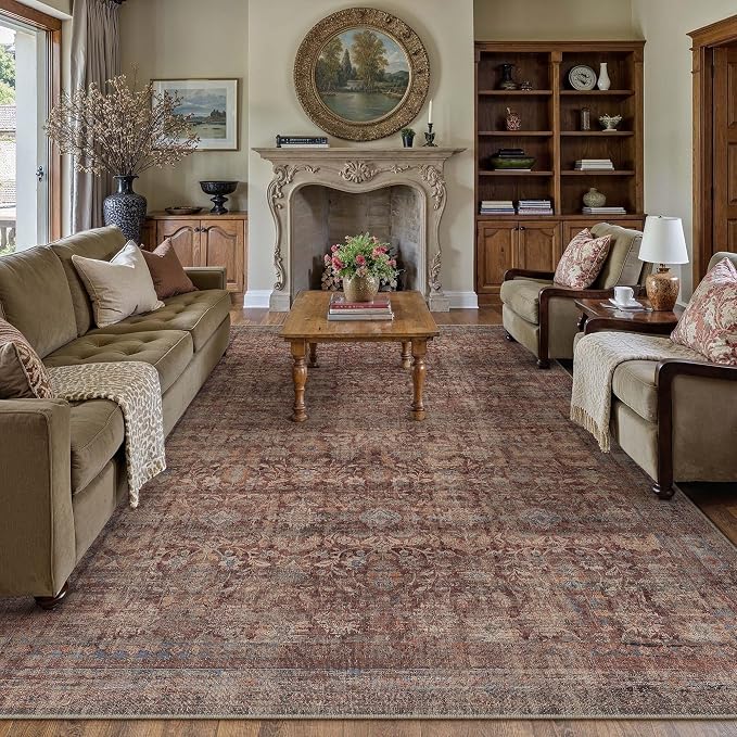 9x12 Red Washable Modern Area Rug Living Room Non Slip Low Pile Floral Extra Large Rug Vintage Traditional Stain Resistant Carpet Bedroom Office Indoor Playroom