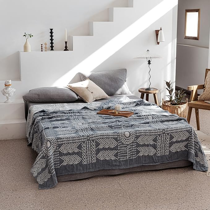 MEJU Indian Bohemia Muslin Summer Boho Blanket Throw for Bed Sofa Couch, 100% Combed Cotton 3 Layer Soft Warm Quick Dry Throw Blanket Bed Coverlet (Boho, F/Q 80 in X 90 in