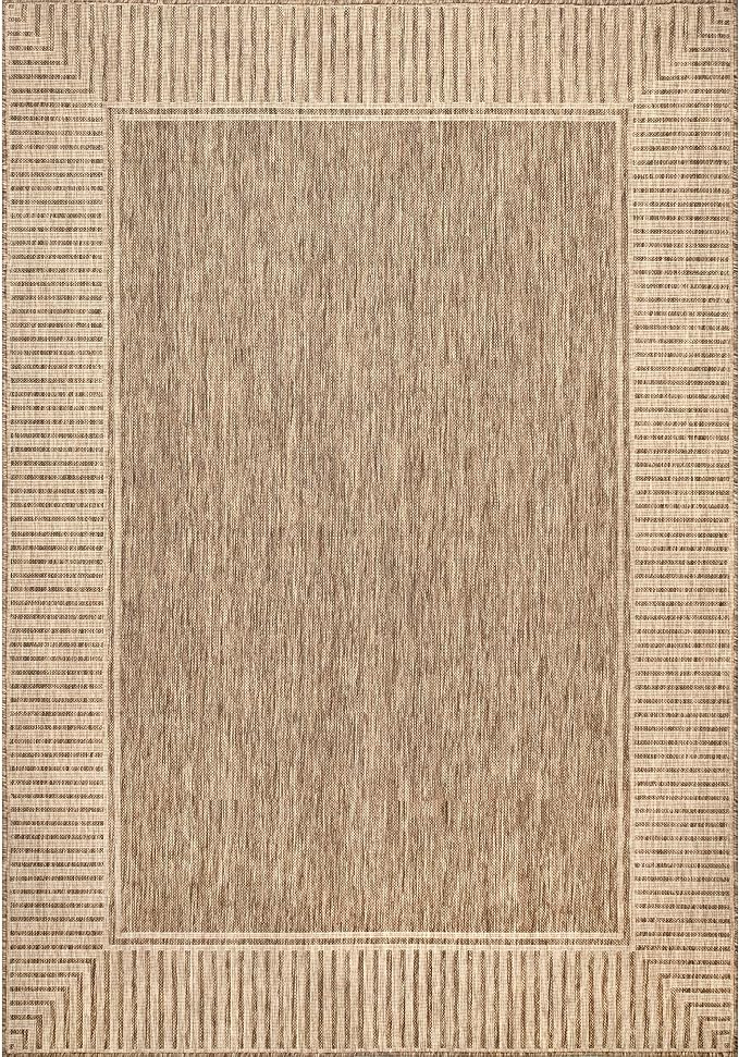 Nuloom Asha Light Brown/Ivory, 6'7" x 9', Casual, Striped Border, Soft and Cozy, High Traffic, Easy Clean, Durable Area Rug for Indoor/Outdoor Patio, Deck, Porch, Garden, Courtyard
