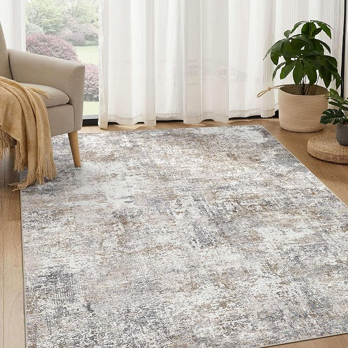 DMOYEST Area Rug Living Room Rugs - 5x8 Abstract Large Soft Indoor Washable Rug Neutral Modern Low Pile Carpet for Bedroom Dining Room Farmhouse Home Office - Brown/Grey/Black