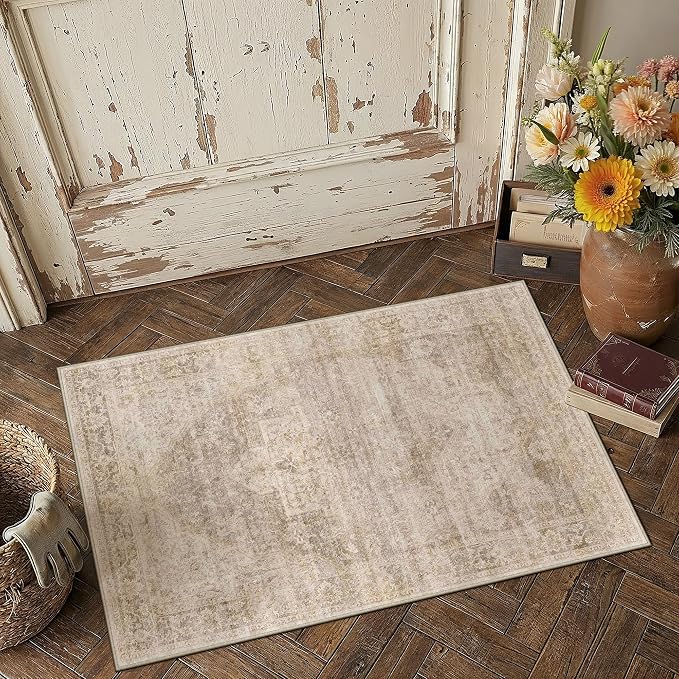2x3 Washable Neutral Area Rug Beige Vintage Entryway Kitchen Carpet Non-Slip Soft Low Pile Oriental Indoor Small Throw Rug for Bedroom Bathroom Entrance