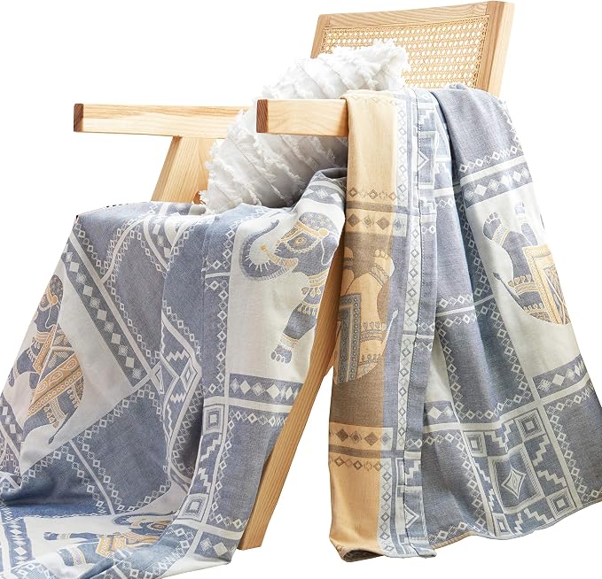 MEJU Elephant Check Geometric Muslin Lightweight Summer Blanket for Bed Sofa Couch, 100% Combed Cotton 2 Layer Soft Warm Quick Dry Throw Blanket Bed Coverlet Sheet Blue F/Q 80 in X 90 in
