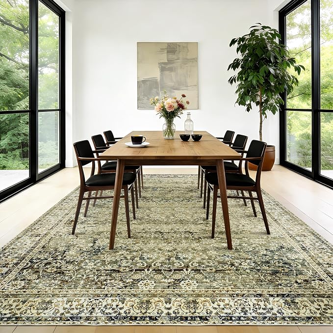 BILEEHOME Washable 6x9 Area Rugs for Bedroom Aesthetic,Cozy Soft Neutral Distressed Floral Dark Olive Green Decor Vintage Boho Rug for Living Room Bed Room Dining Room