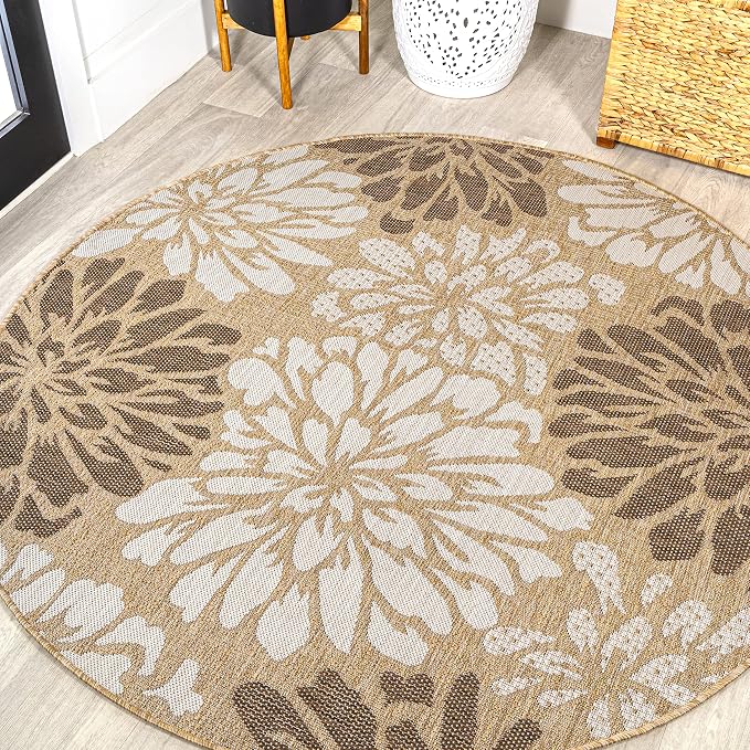 JONATHAN Y Floral Textured Weave Indoor Outdoor Round Area Rug 6 Ft Brown/Cream, Zinnia Modern for Backyard, Patio, Porch, Easy-Cleaning, High Traffic, Pet-Friendly, Non-Shedding (SMB110I-6R)