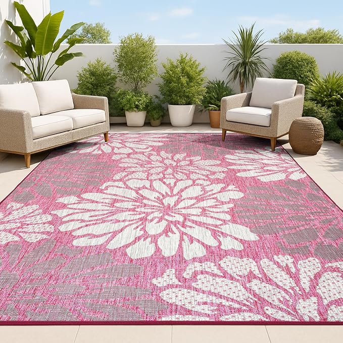 JONATHAN Y Floral Textured Weave Indoor Outdoor Area Rug 3X5 Fuchsia/Light Gray, Zinnia Modern for Backyard, Patio, Porch, Easy-Cleaning, High Traffic, Pet-Friendly, Non-Shedding (SMB110F-3)