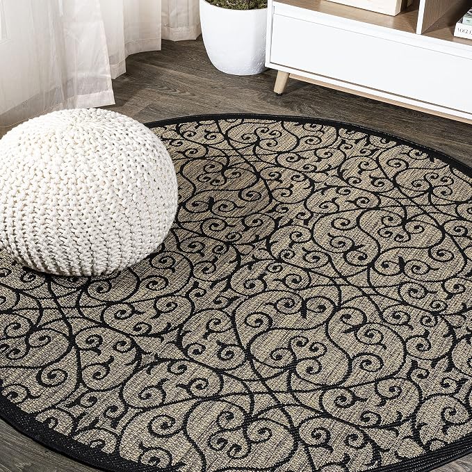 JONATHAN Y Vintage Filigree Indoor Outdoor Round Area Rug 3 Ft Black/Khaki, Madrid Textured Weave for Backyard, Patio, Porch, Easy-Cleaning, High Traffic, Pet-Friendly, Non-Shedding (SMB107A-3R)