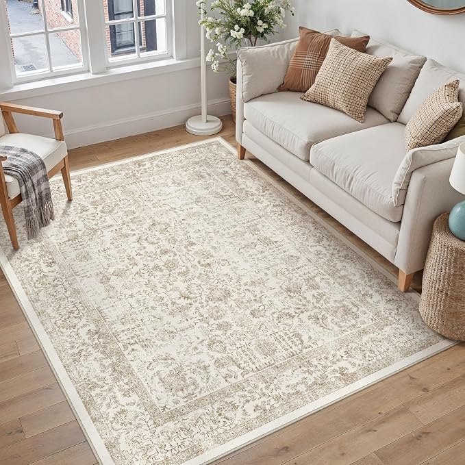 PureCozy Light Brown Area Rug 4x5 Office Entryway Rug Machine Washable Kitchen Vintage Distressed Non Slip Carpet Indoor Retro Floral Accent Throw Door Mat for Bathroom Bedroom Dining Living Room