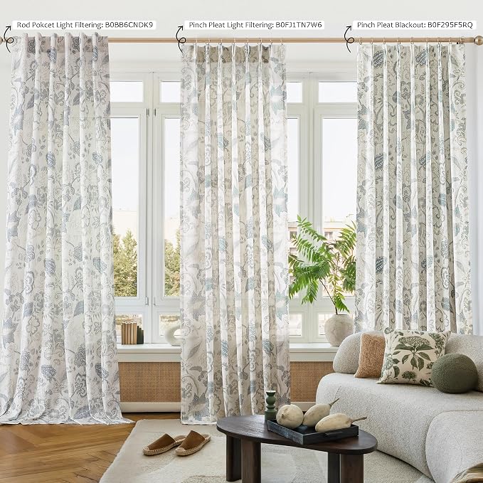 Kayne Studio Floral Leaf Print Light Filtering Curtains Blue Grey Botanical Leaf Flower Farmhouse Drapes Semi Sheer Window Treatment Set for Living Room Bedroom Pinch Pleated BackTab,40"x90",2 Panels