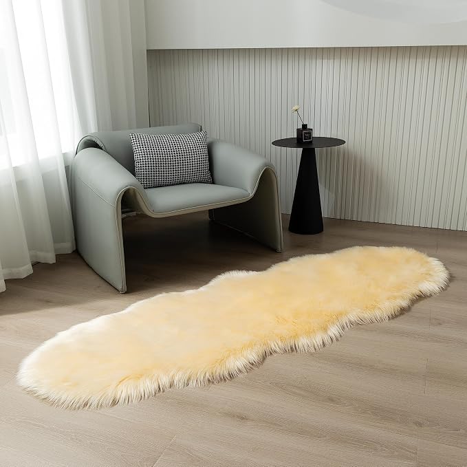 Faux Fur Sheepskin Runner Rug Beige 2x6 ft Ultra Soft Shaggy Plush Fluffy Fuzzy Area Carpet Decorative Chair Cover Floor Mat for Bedroom Sofa Living Room Bedside