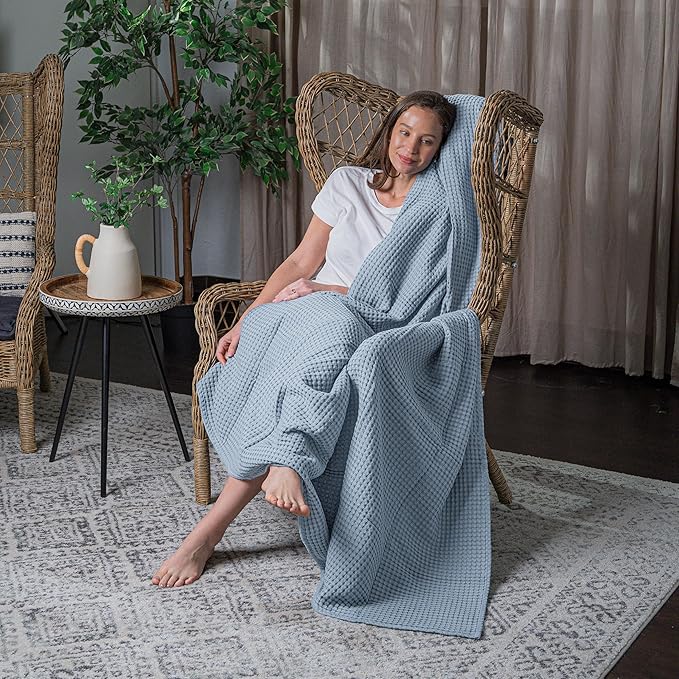 Comfy Cubs Waffle Blanket King, 108" x 90" - 100% Cotton Lightweight Breathable Bed Blanket - Soft Textured Thermal Weave for All Seasons – Decorative Cozy Layer for Couch, Sofa, or Bed - Pacific Blue