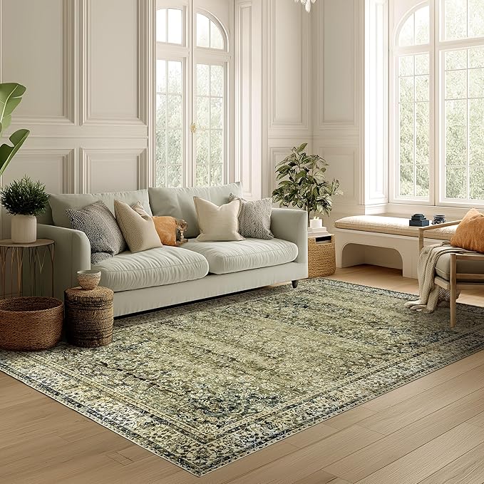 BILEEHOME Olive Green Boho Area Rug 5 x7 for Living Room Washable Non Slip Low Pile Stain Resistant Rubber Backed Cottagecore Neutral Bedroom Nursery Rugs 5x7