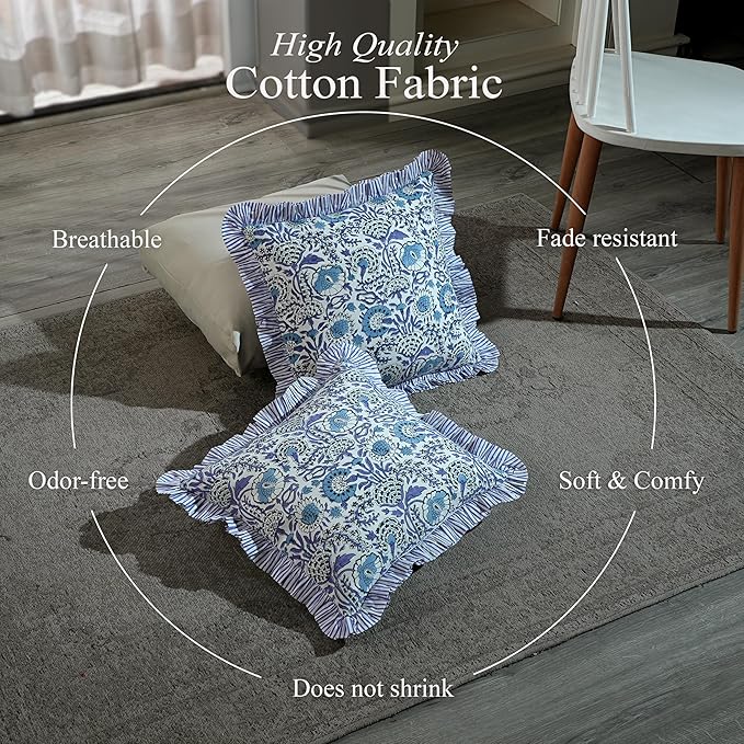 CPC Indigo Blue 100% Cotton Block Print Ruffle Pillow Cover 16X16 inch, Handmade Boho Floral Pillowcase, Farmhouse Cottagecore Bedding, Soft Decorative Cushion Cover for Bedroom Décor