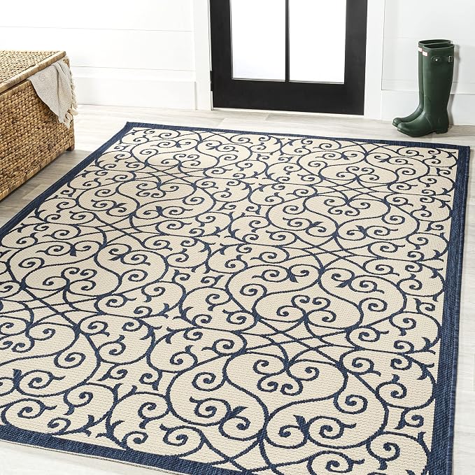 JONATHAN Y Vintage Filigree Indoor Outdoor Area Rug 5X8 Navy/Beige, Madrid Textured Weave for Backyard, Patio, Porch, Easy-Cleaning, High Traffic, Pet-Friendly, Non-Shedding (SMB107G-5)