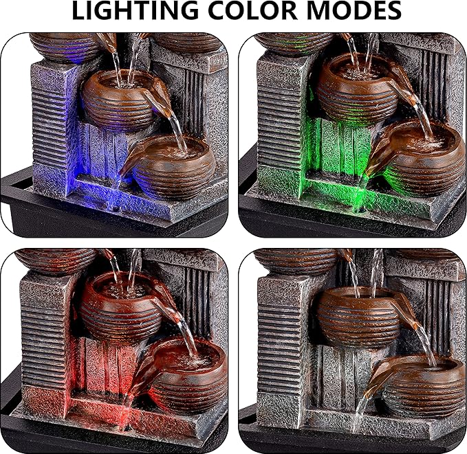 Father'sDen Collection Indoor Fountains and Waterfalls from 5-Tiered Pots-12”H Tabletop Water Fountain-Desk Fountain-Office Decor with Audible Calming Waterfall Sounds-Zen Fountain with Color Lights