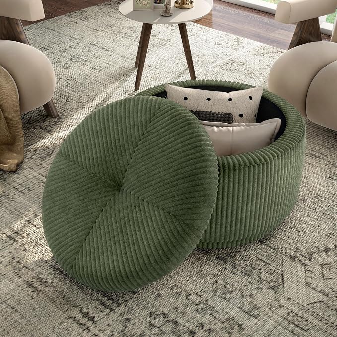 Furniture of America Lennox Modern Chenille 29-inch Round Storage Ottoman with Flip Top, Upholstered Footstool, Circle Coffee Table for Living Room, Bedroom, Entryway, Green