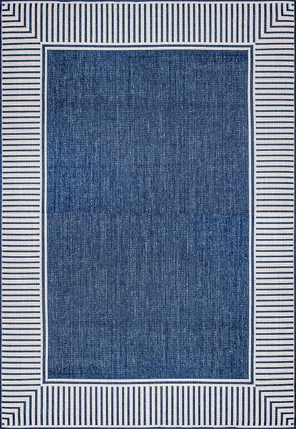 Nuloom Asha Navy/Ivory, 9'6" x 12', Casual, Striped Border, Soft and Cozy, High Traffic, Easy Clean, Durable Area Rug for Indoor/Outdoor Patio, Deck, Porch, Garden, Courtyard