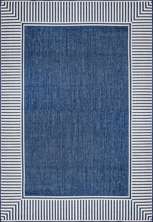 Nuloom Asha Navy/Ivory, 2' x 3', Casual, Striped Border, Soft and Cozy, High Traffic, Easy Clean, Durable Area Rug for Indoor/Outdoor Patio, Deck, Porch, Garden, Courtyard