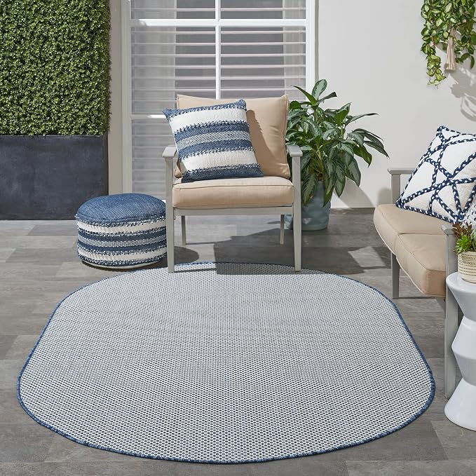 Nourison Home Courtyard Ivory Blue 5' x 8' Oval Area Rug - Easy Clean, Non Shedding, Bed Room, Living Room, Dining Room, Kitchen (5' x 8' Oval)