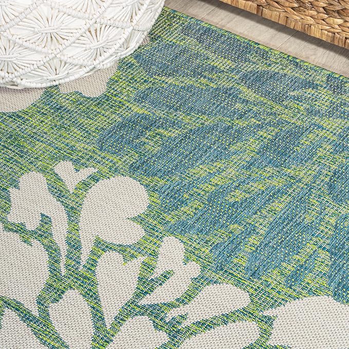 JONATHAN Y Floral Textured Weave Indoor Outdoor Square Area Rug 5X5 Cream/Green, Zinnia Modern for Backyard, Patio, Porch, Easy-Cleaning, High Traffic, Pet-Friendly, Non-Shedding (SMB110D-5SQ)