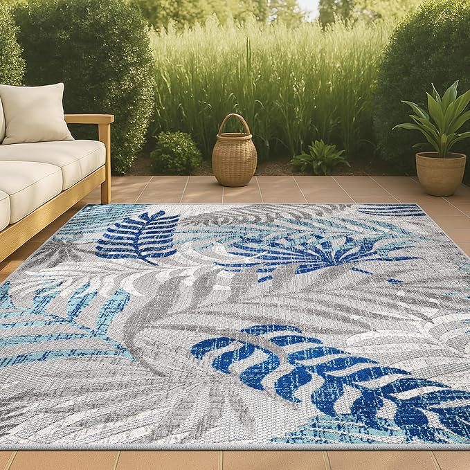 JONATHAN Y Tropics Palm Leaves Indoor Outdoor Area Rug 5X8 Gray/Blue | Ships Rolled, Durable Flat Weave, Lays Flat for Backyard, Patio, Porch, Easy-Cleaning, High Traffic,Pet-Friendly,Non-Shedding