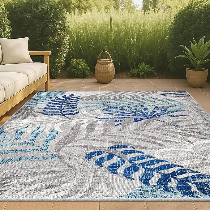 JONATHAN Y Tropics Palm Leaves Indoor Outdoor Area Rug 8X10 Gray/Blue | Ships Rolled, Durable Flat Weave, Lays Flat for Backyard, Patio, Porch, Easy-Cleaning, High Traffic,Pet-Friendly,Non-Shedding