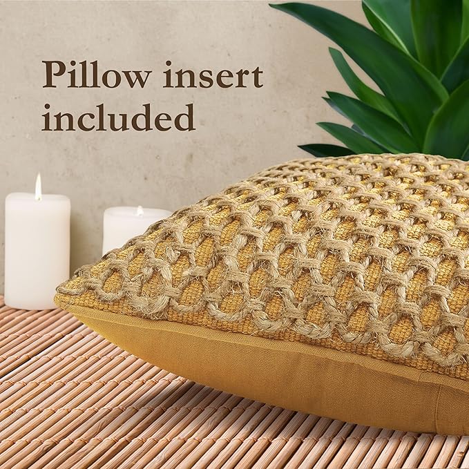 Boho Living Jada Premium Woven Design, Decorative Throw, Living Room Décor, (1) 12" x 20" Pillow Cover with Insert, Mustard Yellow