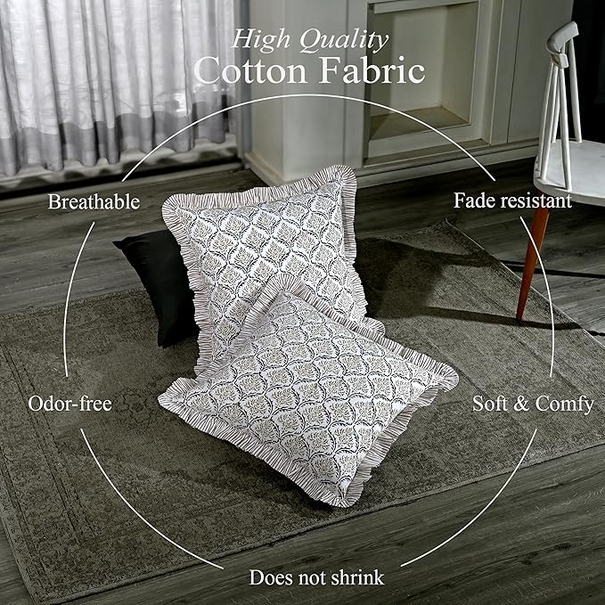 CPC Sandstone Regal Hand Block Print 100% Cotton Ruffle Throw Pillow Cover 18x18 inch with Hidden Zipper Decorative for Couch, Bed, Sofa, Farmhouse, Cottagecore Decor Gift Christmas Fall Thanksgiving