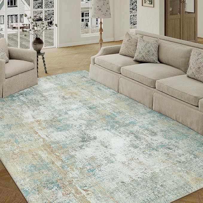 6x9 Washable Area Rug Teal Beige Abstract Non Slip Soft Low Pile Rug for Living Room Bedroom Dining Room Office Neutral Modern Indoor Throw Carpet for Home Decor