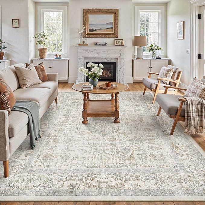 PureCozy Taupe Area Rug 8x10 Machine Washable Large Vintage Living Room Distressed Non Slip Carpet Traditional Indoor Bedroom Retro Floral Accent Throw Rug for Office Kitchen Dining Room