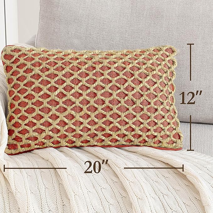 Boho Living Jada Premium Woven Design, Decorative Throw, Living Room Décor, (1) 12" x 20" Pillow Cover with Insert, Rust